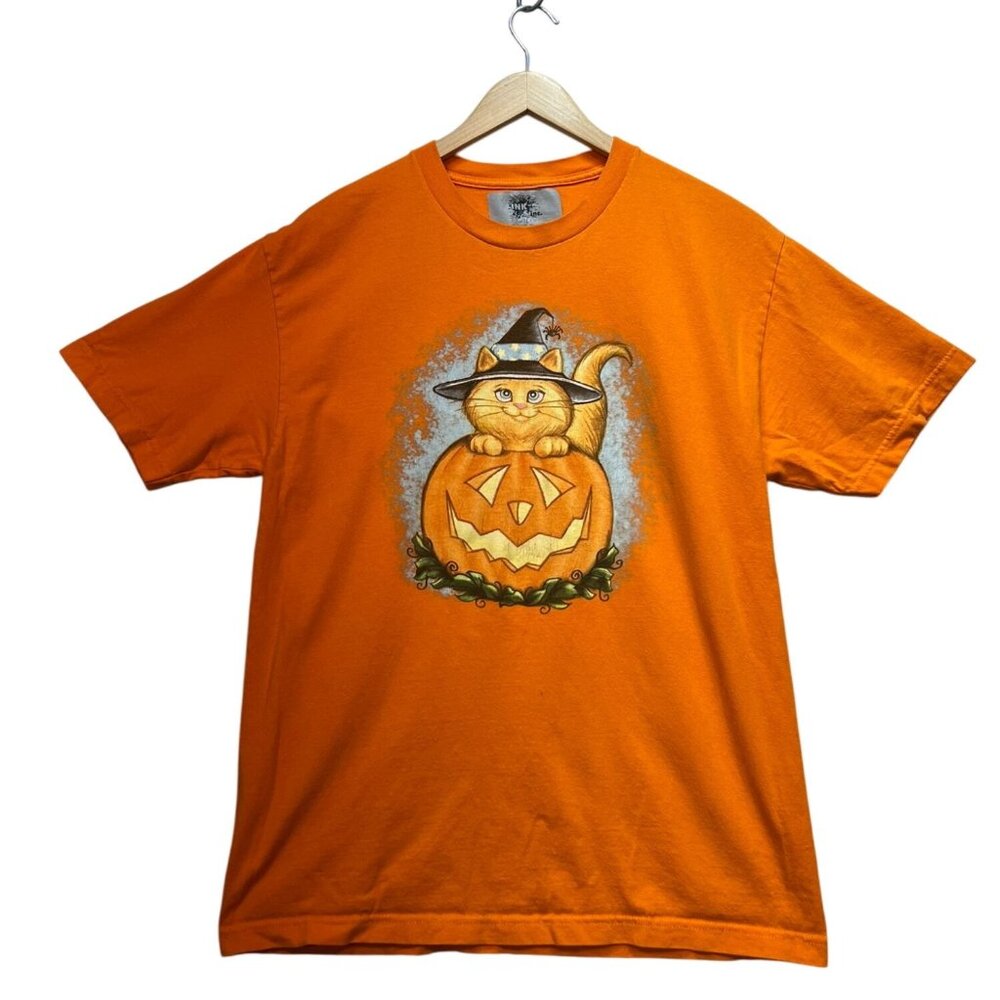 Ink Inc. Unisex T-Shirt Large Orange Halloween Cat Pumpkin Witch Graphic Tee